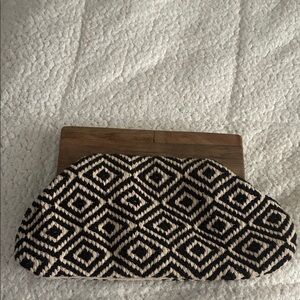 EUC Black/Cream Geometric Wooden Handle Clutch Bag